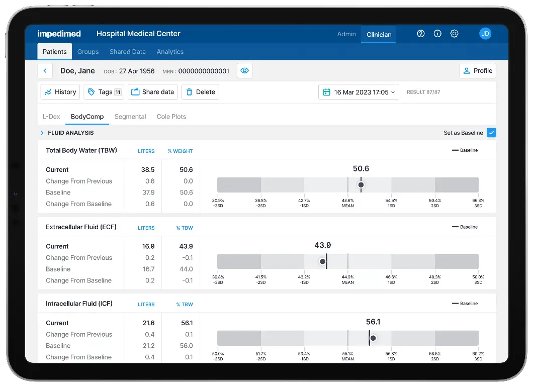 tablet screen for BodyComp™ Analysis for Survivorship Health