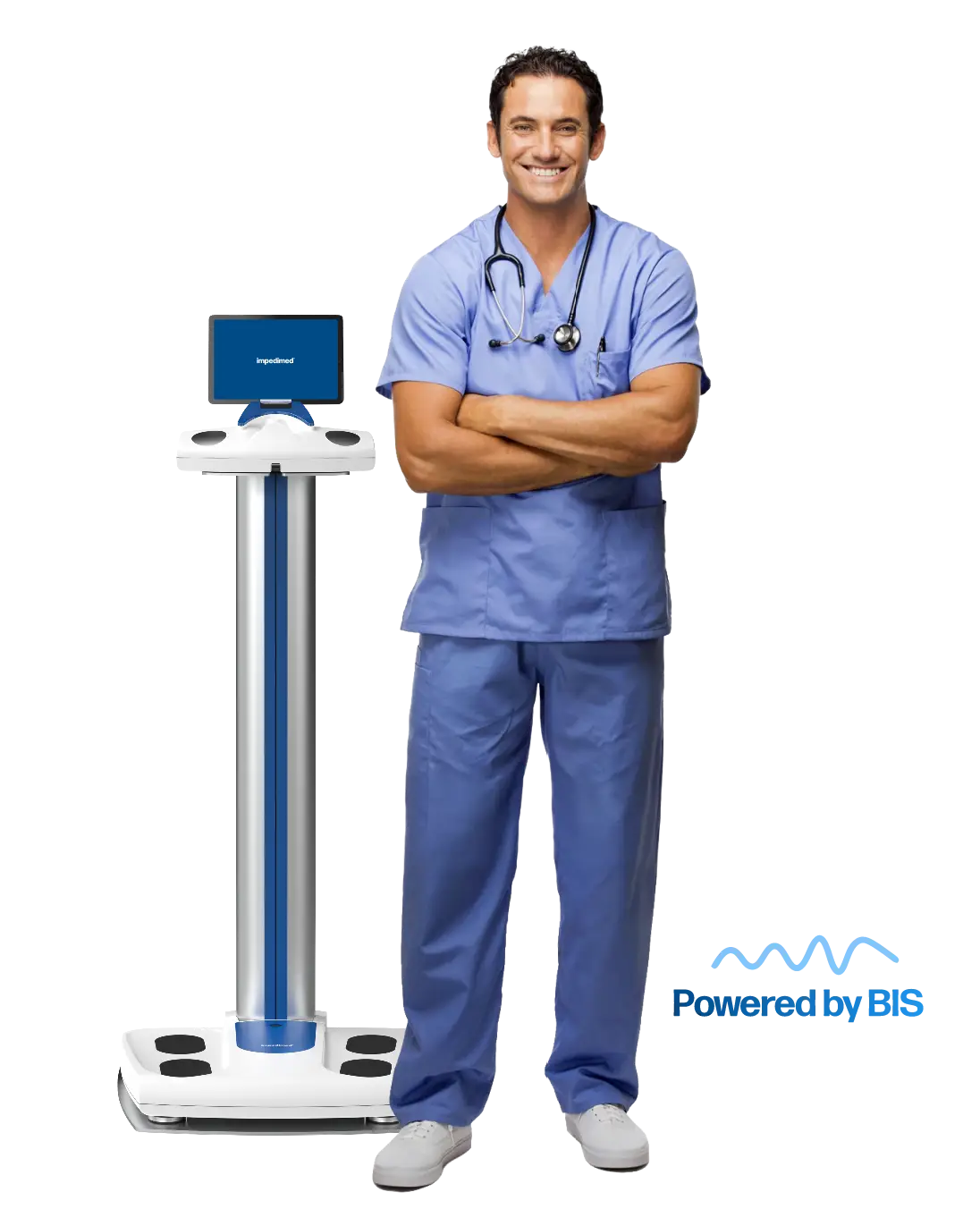 Smiling male clinician in blue scrubs with stethoscope stands beside a digital medical scale on a platform.