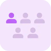 Group of five abstract team avatars on a light purple background, with the first avatar highlighted in darker purple.