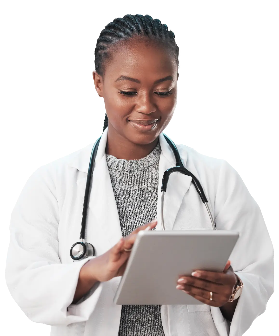 Female doctor in a white coat uses a tablet with a stethoscope around her neck for notes or records.
