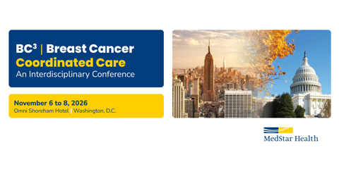 Conference banner for BC Breast Cancer Coordinated Care, Nov 6–8, 2026, Omni Shoreham, DC, with a city skyline image and MedStar Health logo.