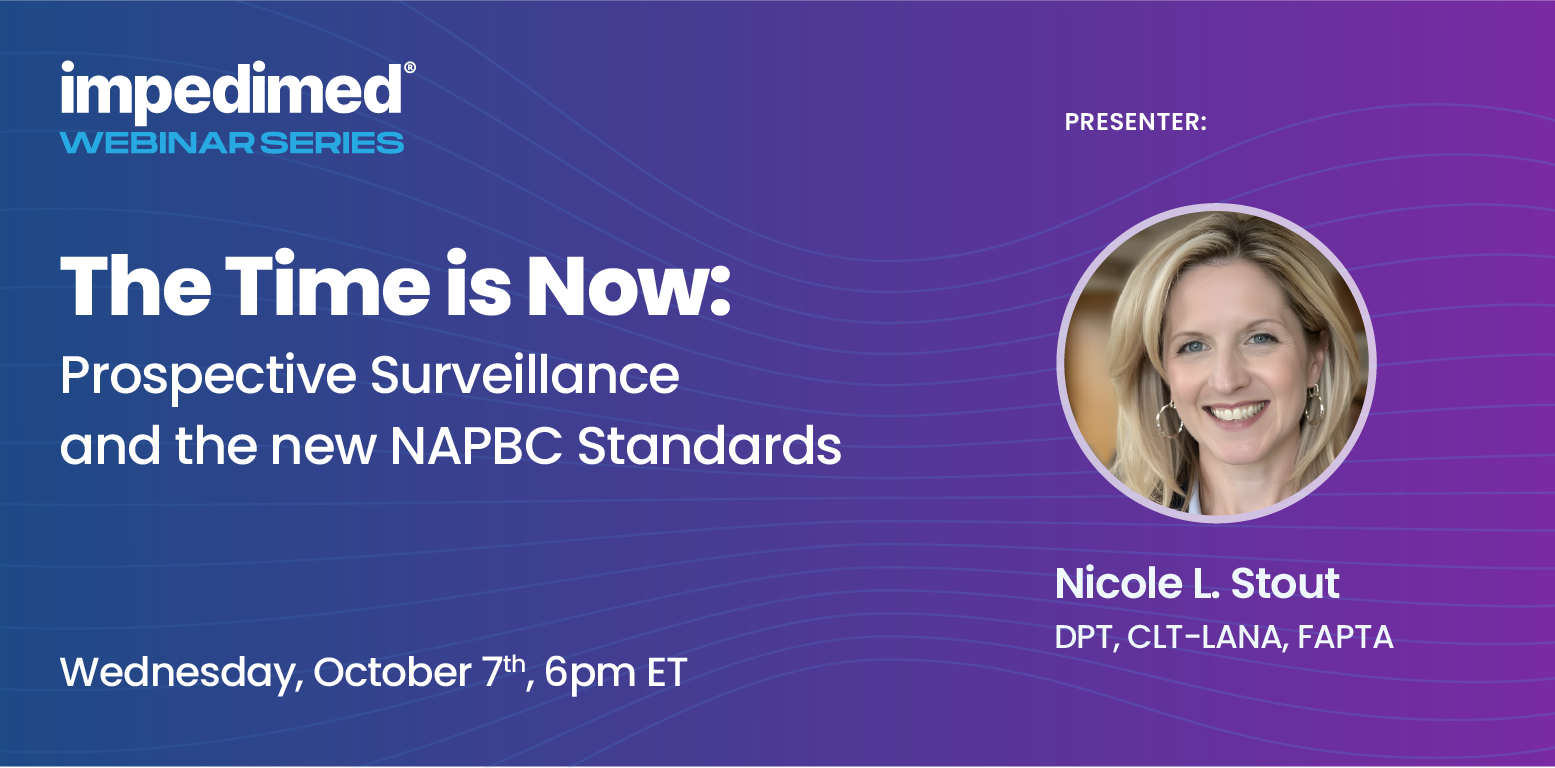 Webinar banner announcing 'The Time is Now: Prospective Surveillance and the new NAPBC Standards' with presenter Nicole L. Stout.